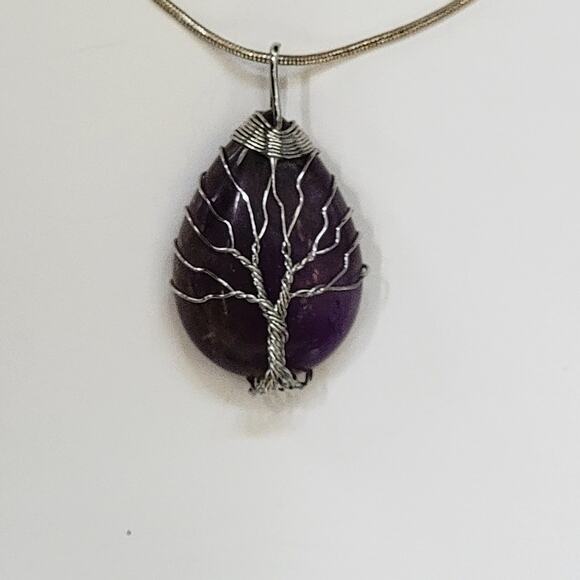 Tree of Life Amethyst Pendant Necklace with Wire Wrapped Purple Gemstone Jewelry - Picture 6 of 10